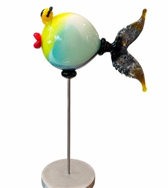 Poisson bulle bleu et vert - Sculpture en verre souffé - H 50 x L 35 cm